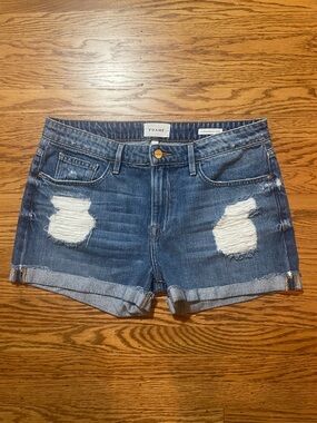 Frame Denim Distressed Dark Blue Rolled Hem Jean Shorts